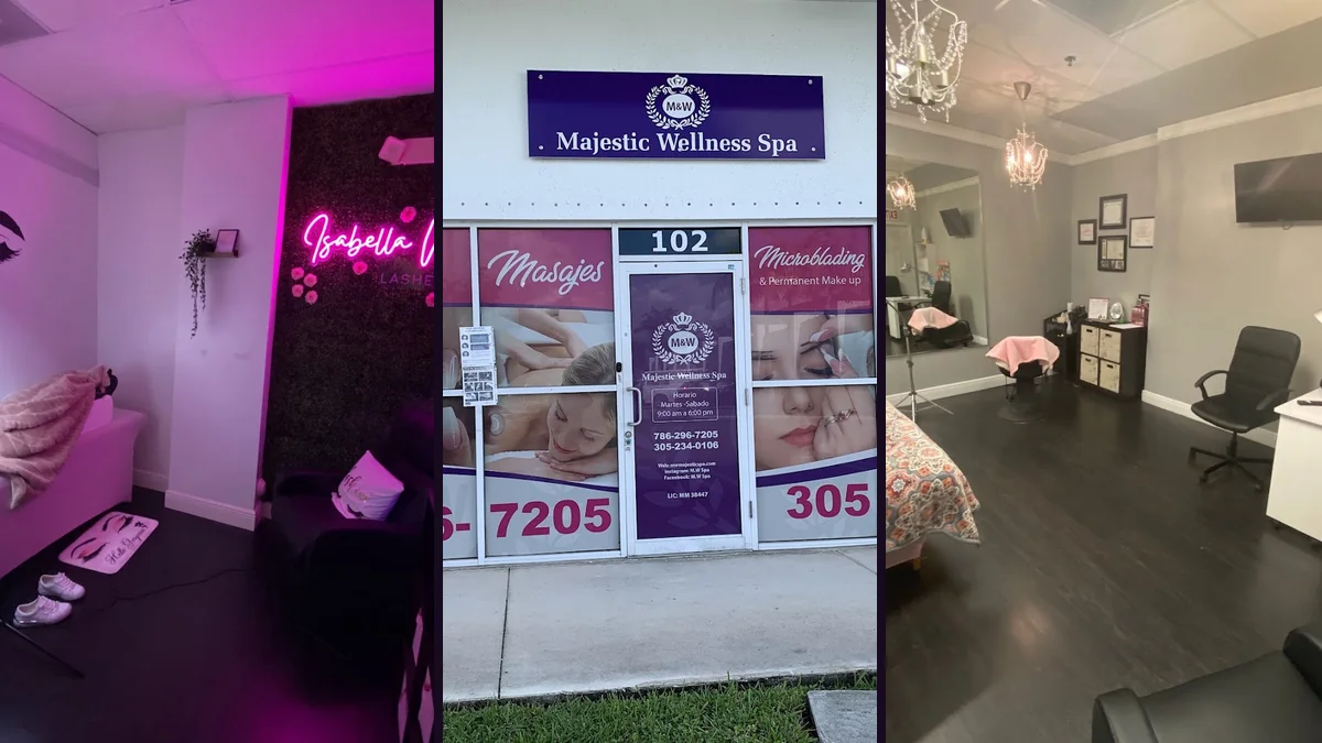 Salon chairs and manicure stations inside a beauty spa.